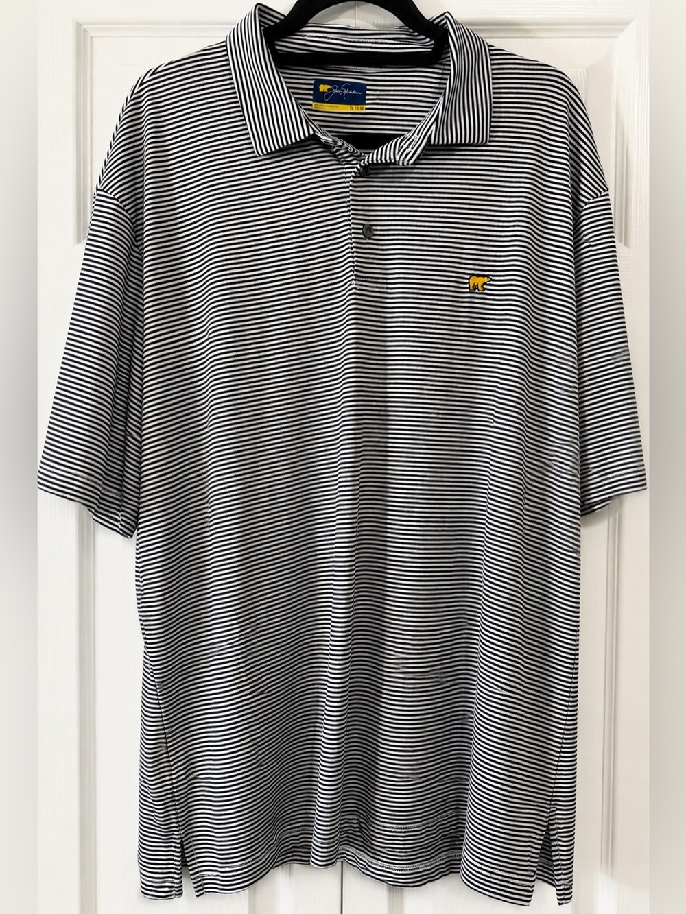 Jack Nicklaus Polo Shirt XL Black White Striped Golf Performance Bear Logo
